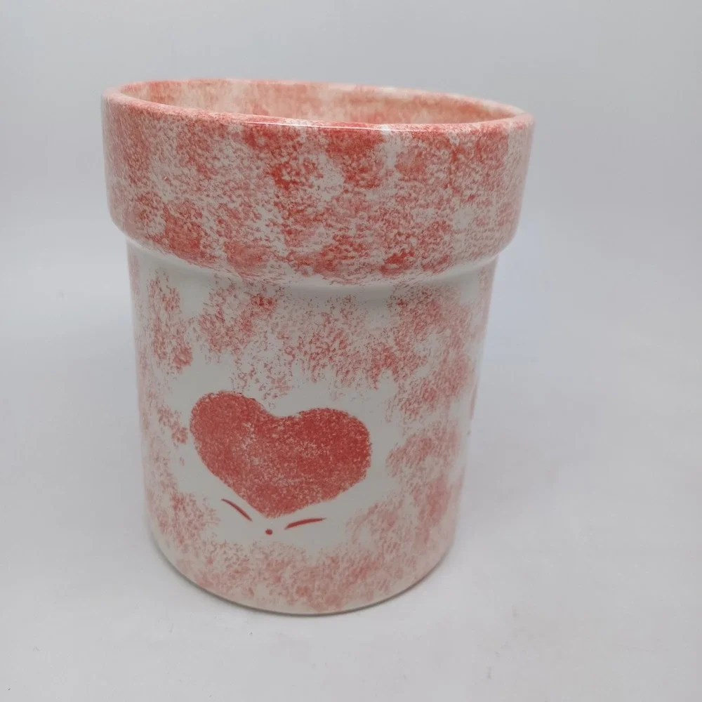 Pink Spongeware Heart Ceramic Planter Utensil Holder White Handmade 5.25in